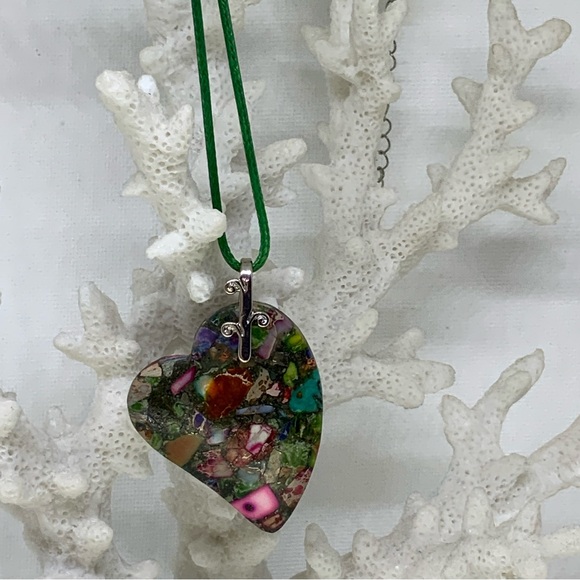 Multicolor Sea Sediment Jasper & Pyrite Heart on an Angle Pendant Agate Necklace - Picture 2 of 14